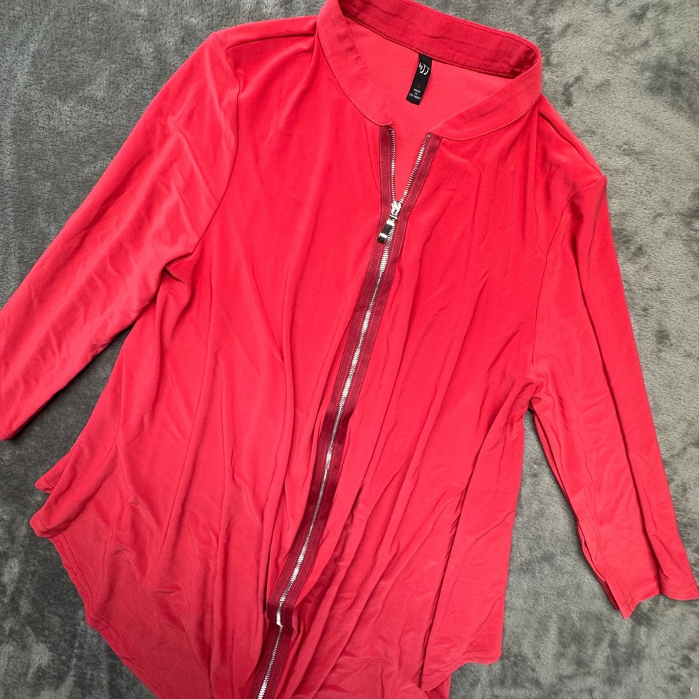 By JJ Red Tunic Top Women's Small Stand Collar 3/4 Sleeve Zipper Front